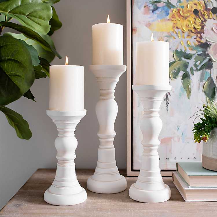 White Distressed Candle Holders Set Of, Distressed White Wooden Pillar Candle Holders