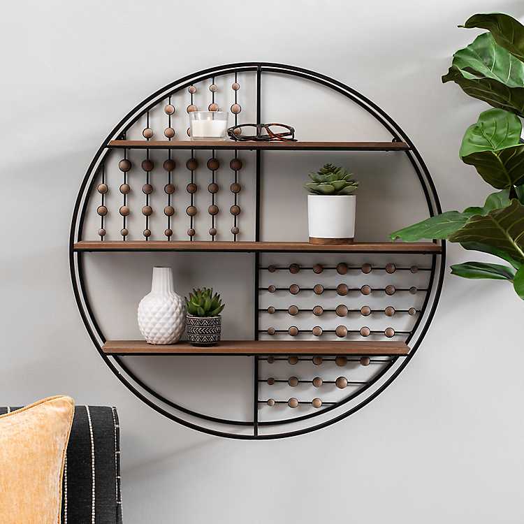 Round Metal and Wood Wall Shelf with Beads