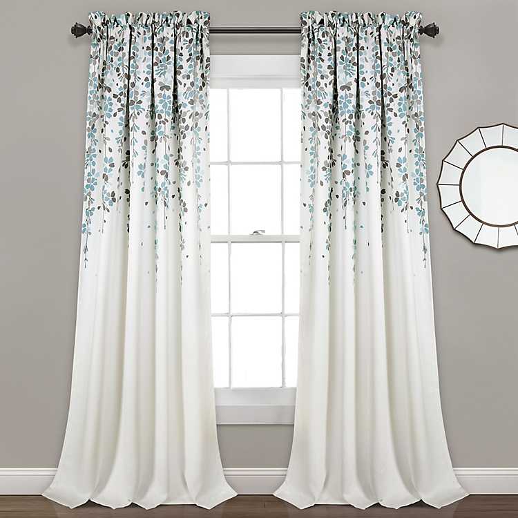 Contemporary Blue White Floral Leaf Room Darkening Curtains Set Panels 95" 