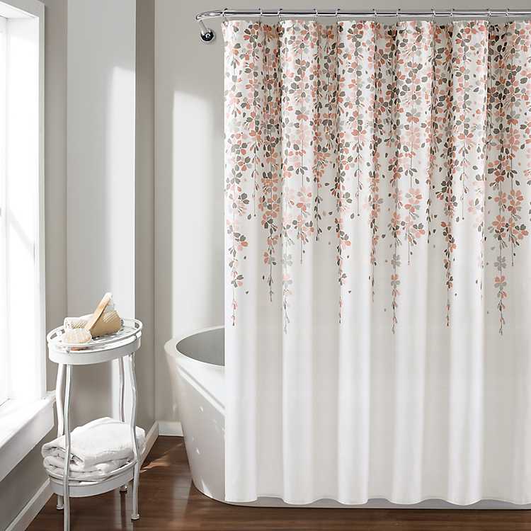 Blush And Gray Weeping Flower Shower, Gray And Pink Curtains