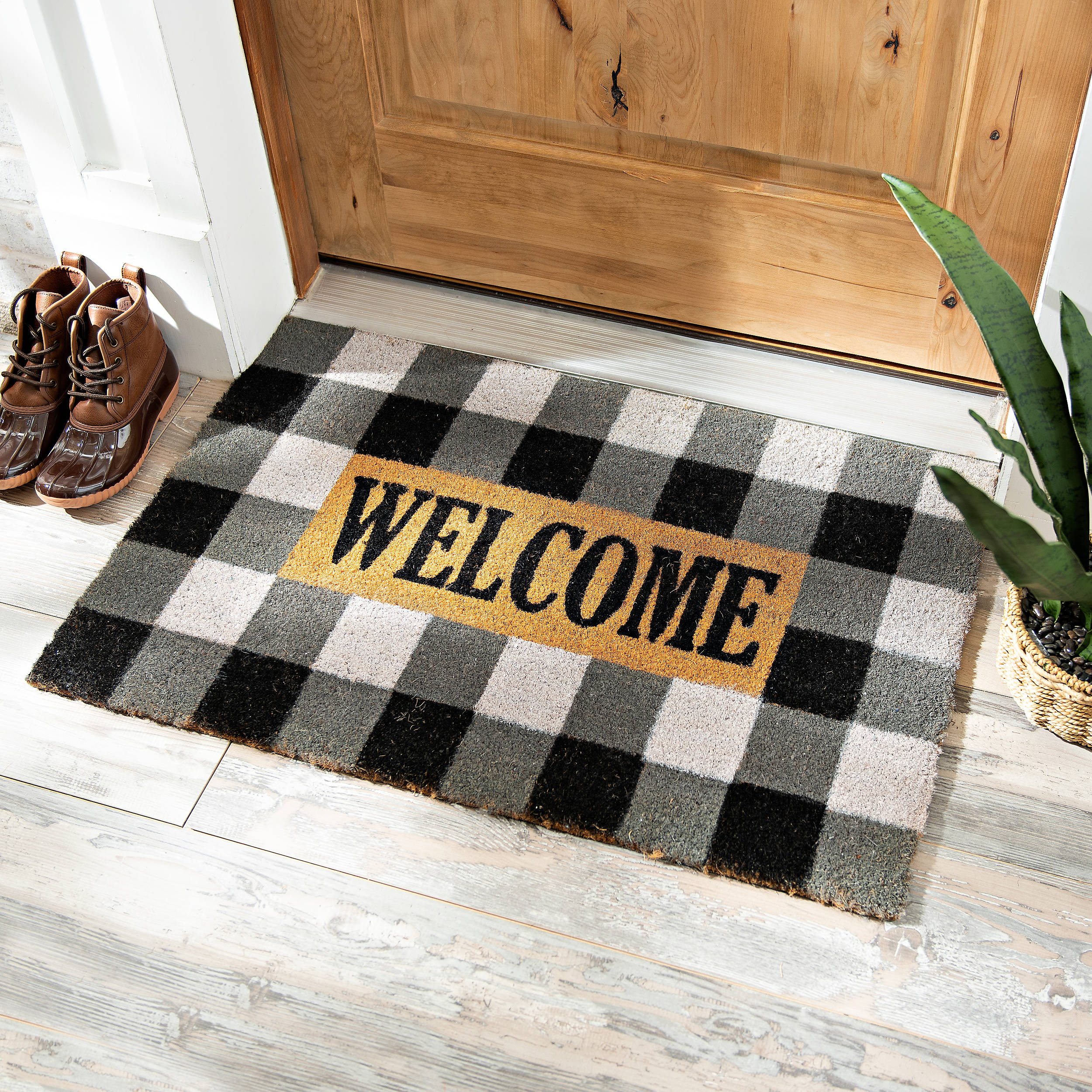 Checkered Welcome Coir Doormat Natural Fiber Black and White Plaid 18" x 30" 