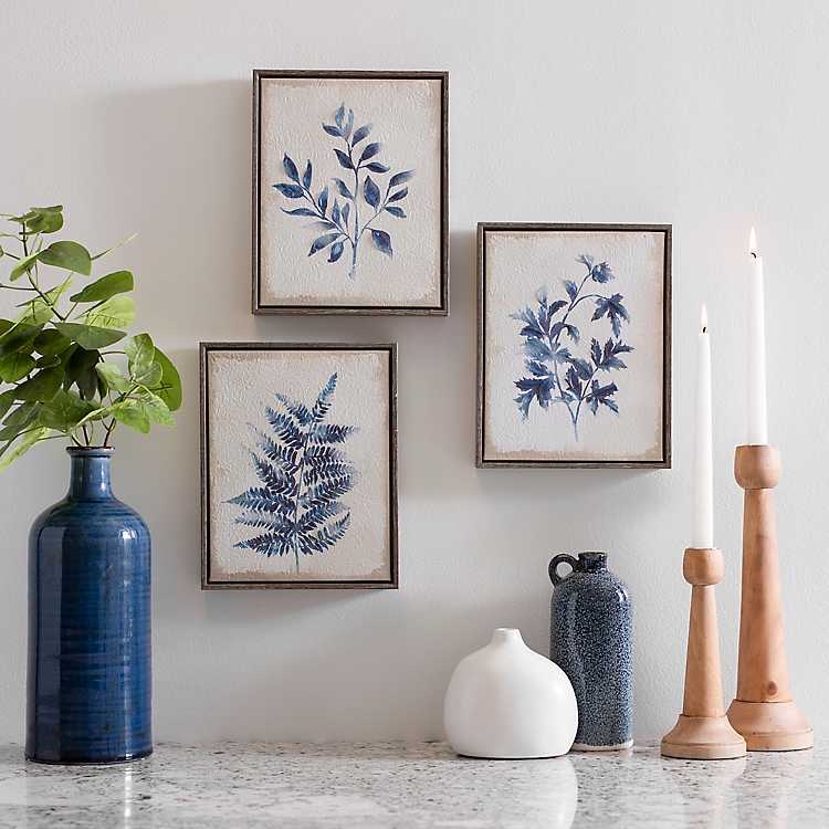 Blue Leaves Framed Canvas Art Prints Set Of 3 Kirklands - Blue Wall Art Framed