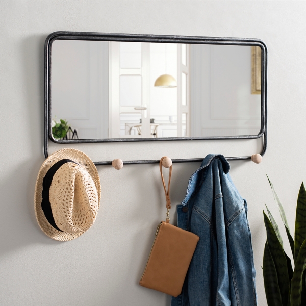 Dentil Pediment Black Wall Mirror with Hooks