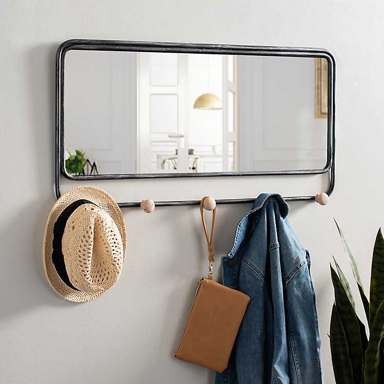 Black Metal Wall Mirror With Wooden, Entryway Wall Mirror With Hooks
