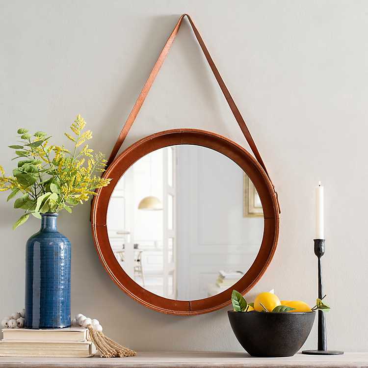 Modern Circle Wall Mirror Round Hang On Bedroom With Faux Leather Strap Decor