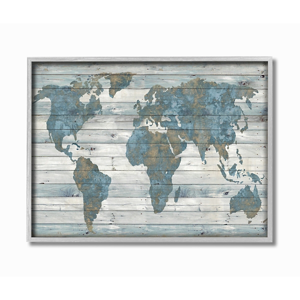 Map Of The World Framed Art Blue And Tan Rustic Plank World Map Framed Art | Kirklands Home