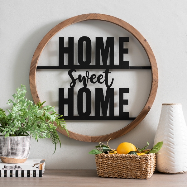 Wood and Metal Home Sweet Home Round Plaque