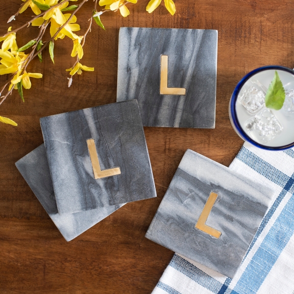 Black Marble Monogram L Coasters, Set of 4