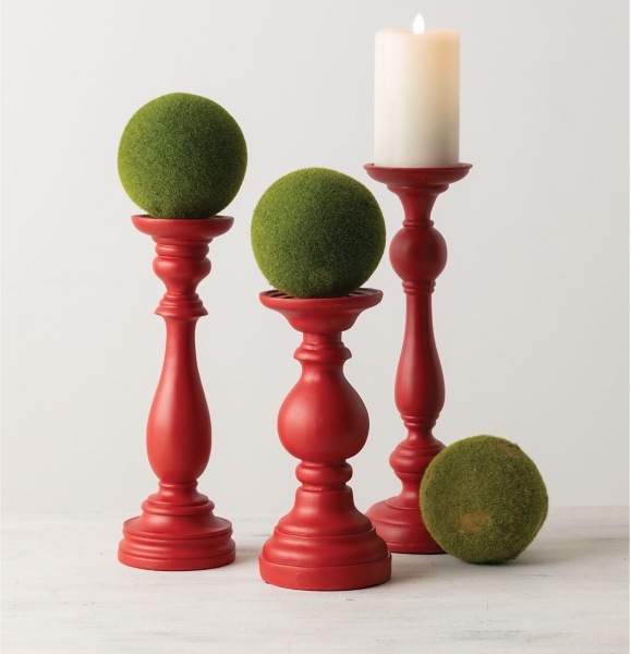 Red Carved Pillar Candle Holders, Set 