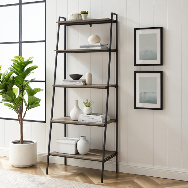 5Tiered Slate Grey Leaning Ladder Bookshelf For Storage And Decor