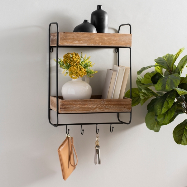 Wooden and Metal Double Wall Shelf with Hooks