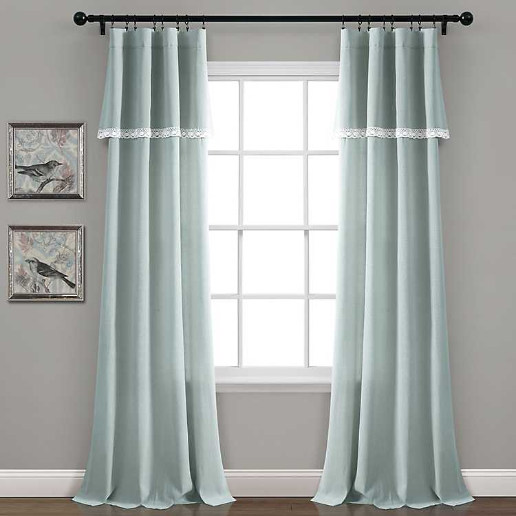 Blue Linen Lace Curtain Panel Set 84, Blue Linen Curtains