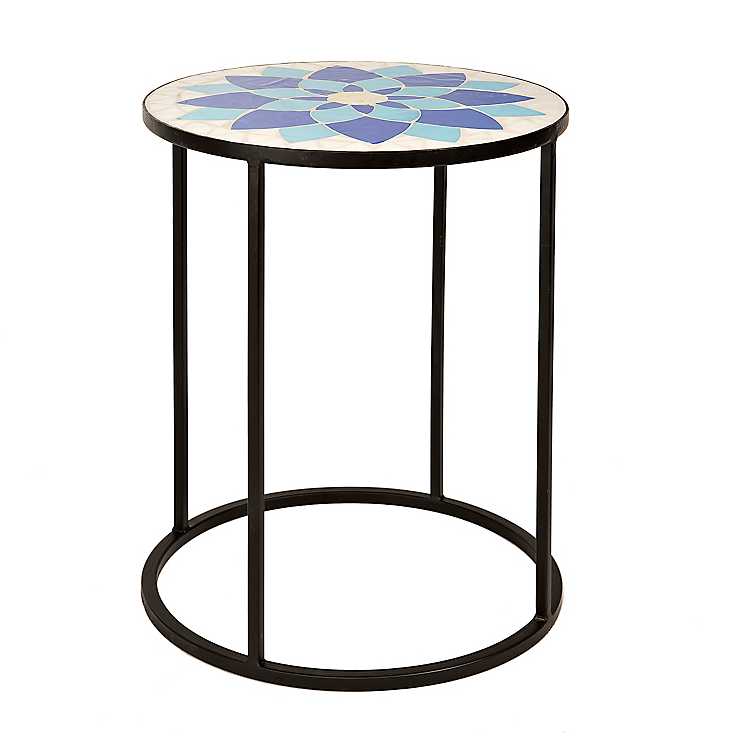 Blue Leaf Mosaic Outdoor End Table, Mosaic Side Table Outdoor