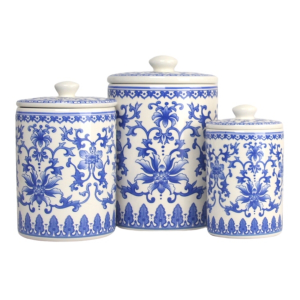 Ceramic Blue White Canisters Set 4 Unique Hand Stamped Storage Jar