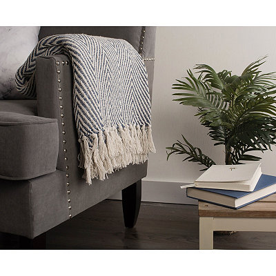 French Blue Chevron and Fringe Throw