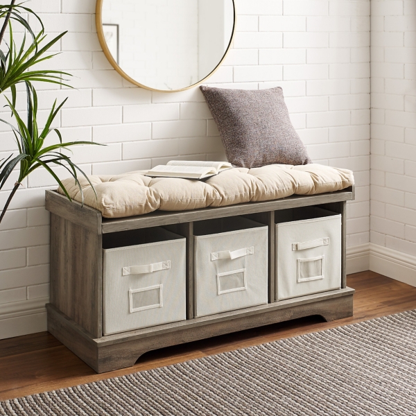 Gray Wash Entryway Bench and Storage Bins | Kirklands Home