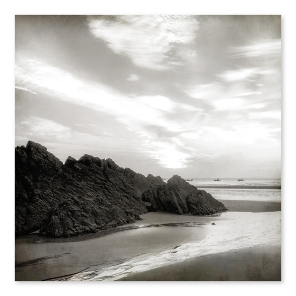 black and white beach scene