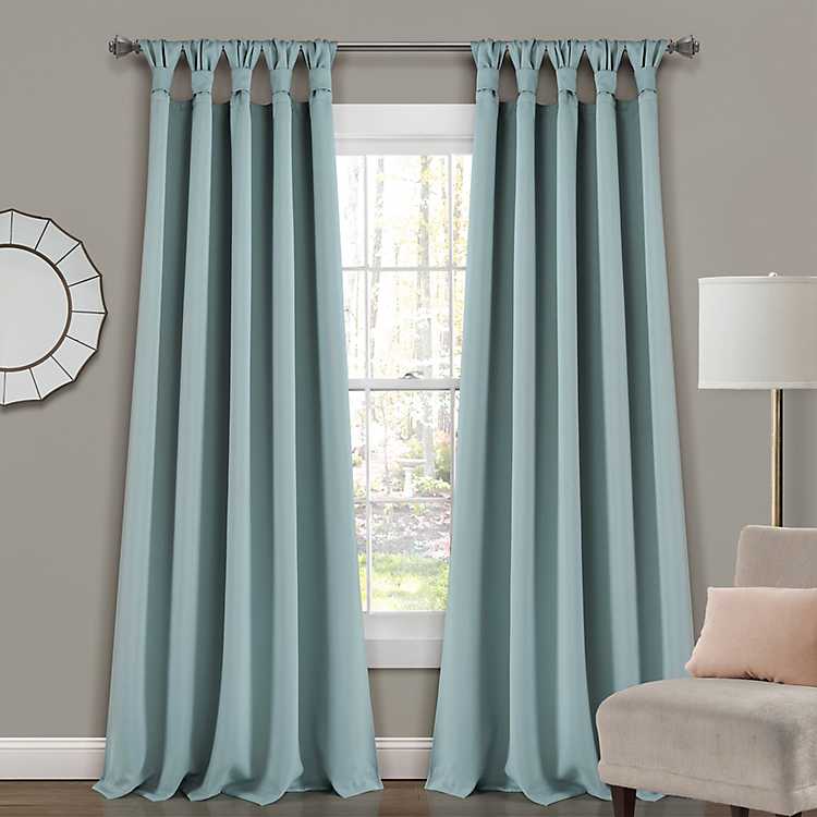 teal and tan curtain panels