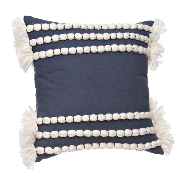 Blue and White Yarn Tassel Pillow 