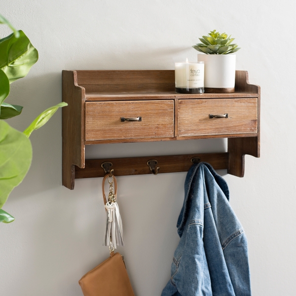 Wood Organizer Shelf with Drawers and Hooks