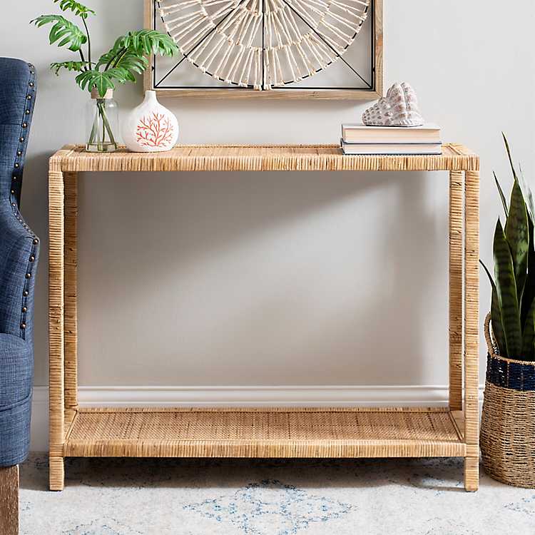 Rattan Console Table With Shelf, Wicker Console Table With Storage