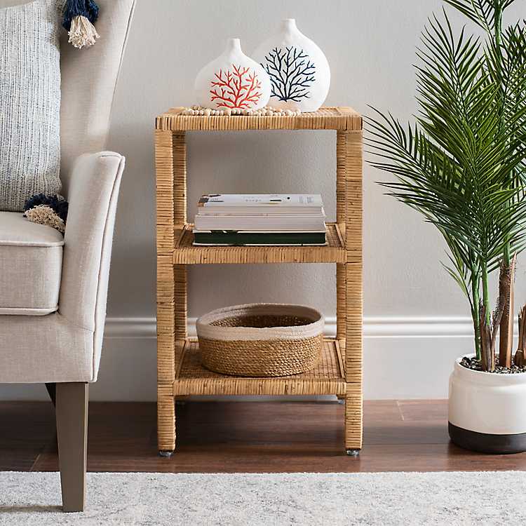 Rattan Accent Table With Shelf Kirklands, Rattan Side Tables Living Room