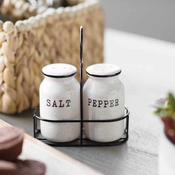 Speckle Salt and Pepper Shakers with Caddy