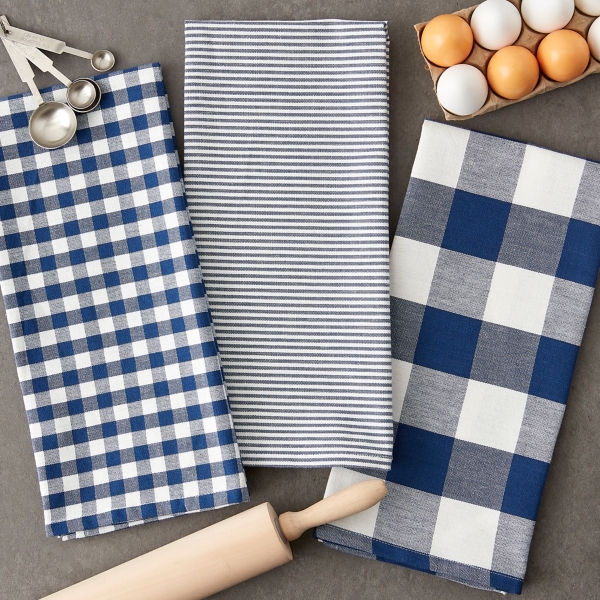 Navy and White Mixed Check Towels, Set of 3