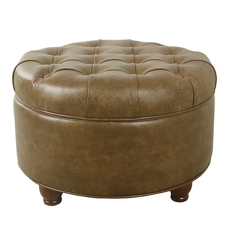 Brown Tufted Faux Leather Round Storage, Round Ottoman Leather