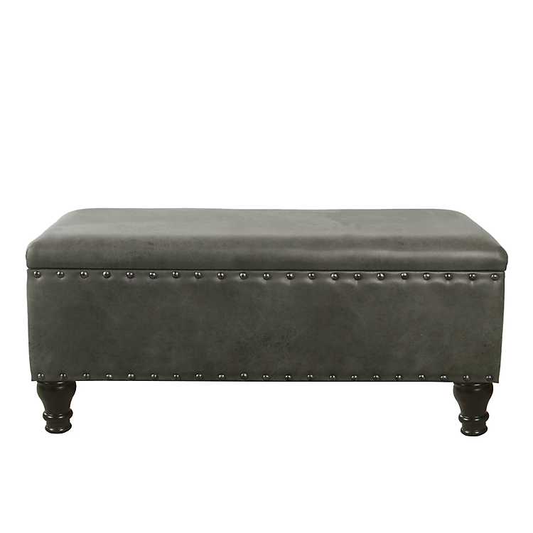 Gray Leather Storage Bench With, Leather Nailhead Ottoman