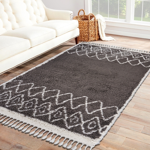 Deep Gray Geometric Fringe Shag Area Rug 8x10 Kirklands