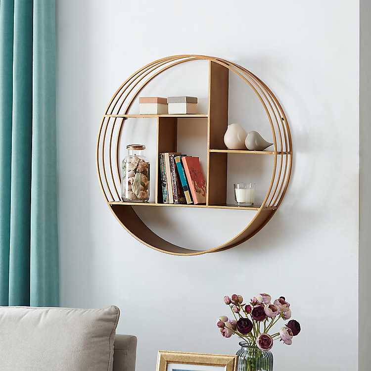 Gold Industrial Circular Metal Shelf Kirklands - Gold Metal Wall Shelf With Mirror
