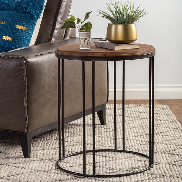 Round wood and metal end outlet table