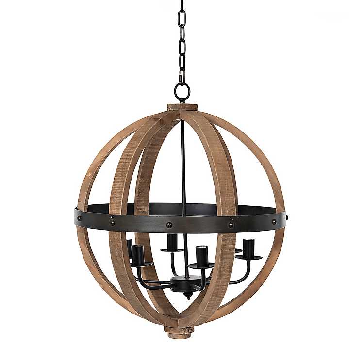 Wooden And Metal Sphere Chandelier, Wood And Iron Globe Chandelier