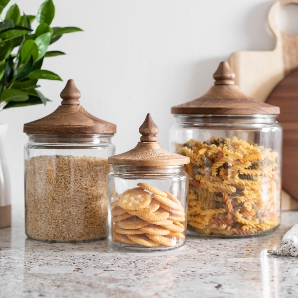 Vintage Cottage Clear Glass Kitchen Canisters with Wooden Lids Kitchen  Storage Jars Set of 5