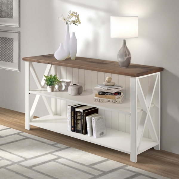 White and Rustic Oak Wood Farmhouse Console Table