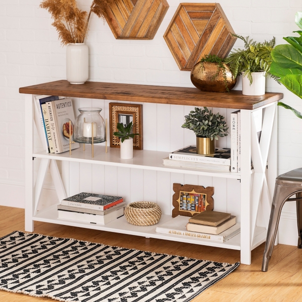 White and Rustic Oak Wood Farmhouse Console Table