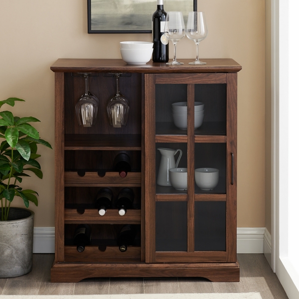 Dark Walnut Sliding Glass Door Bar Cabinet