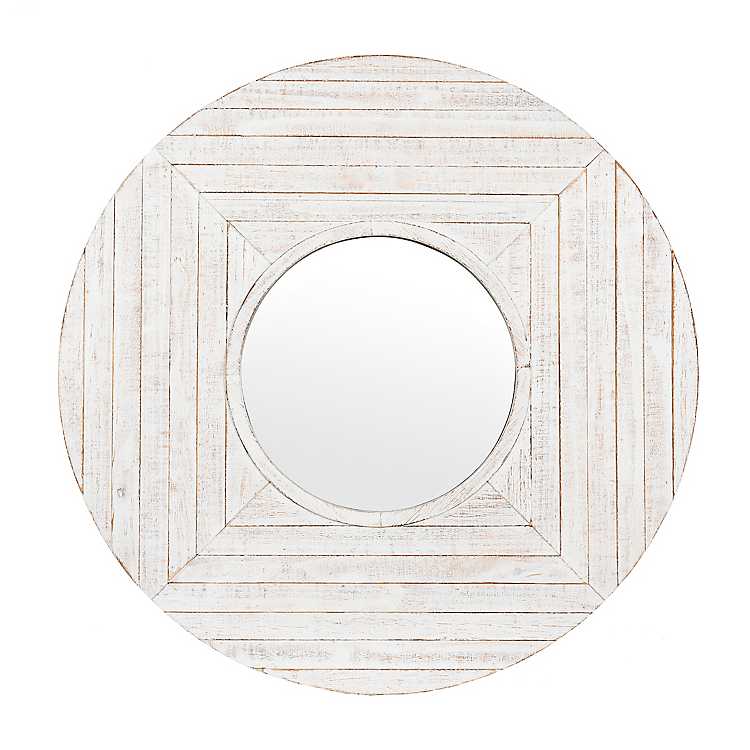 White Wash Wooden Plank Round Wall, Whitewashed Wooden Round Mirror