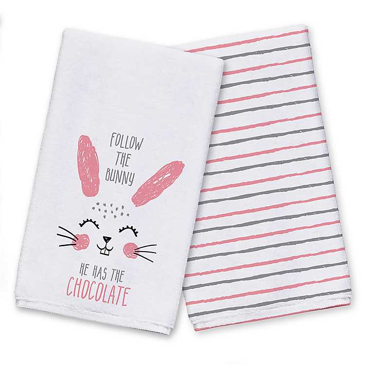 NEW Set Of 2 Easter Bunny Rabbit Pom Pom Tail Kitchen Dish Hand Tea Towels 