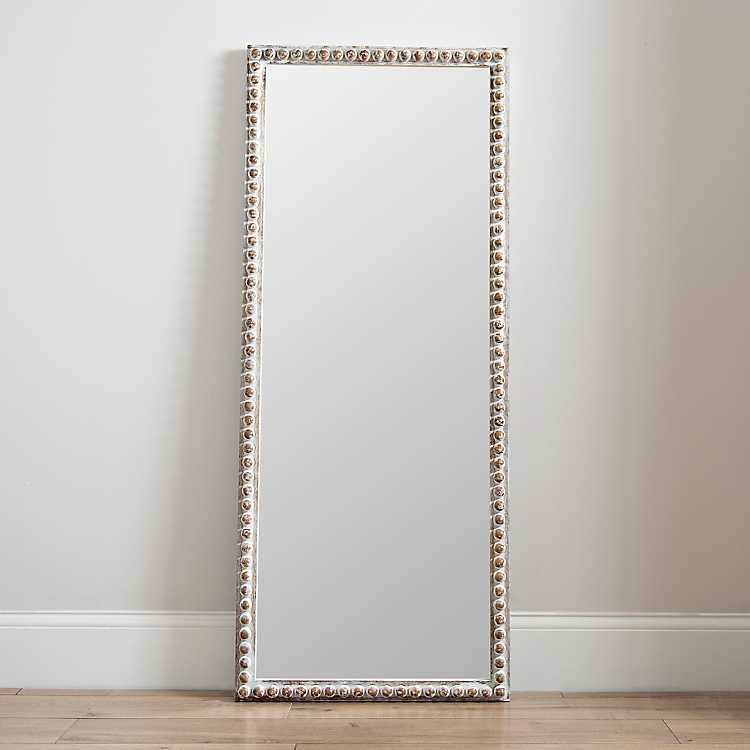 Natural Wood Beaded Frame Leaner Mirror, Wood Beaded Full Length Mirror