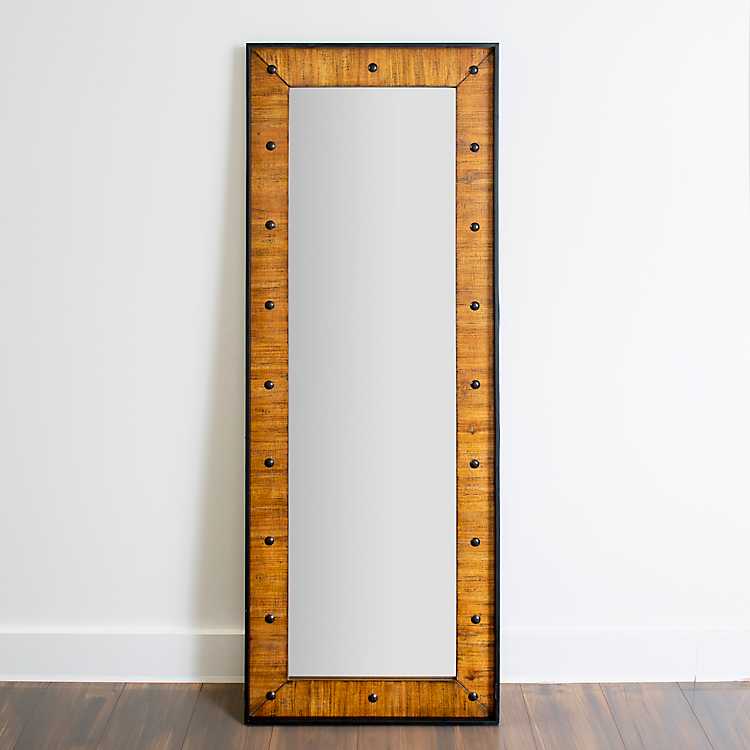 Natural Wood With Black Stud Leaner, Full Length Mirror Natural Wood Frame