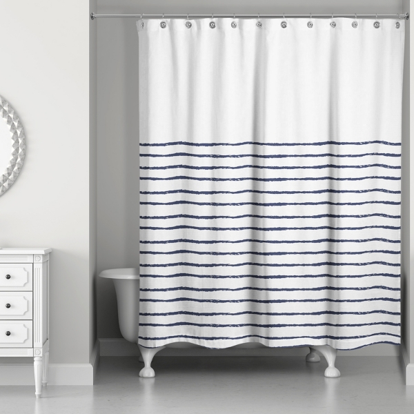 blue and white striped shower curtain