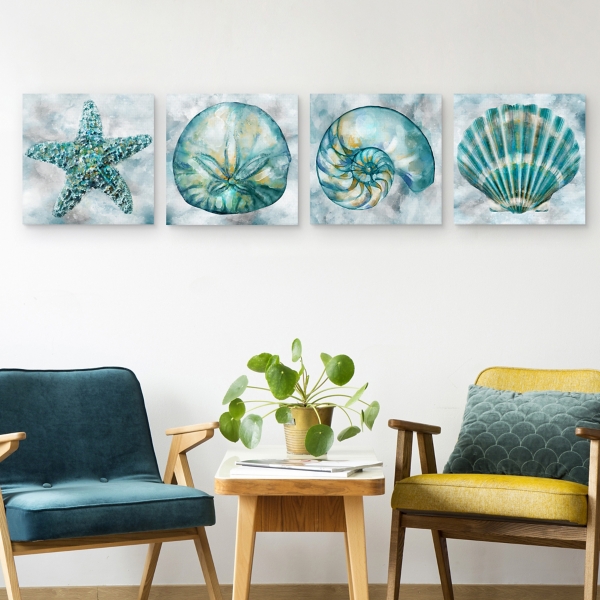 Blue Elegant Shells Canvas Art Prints, Set of 4