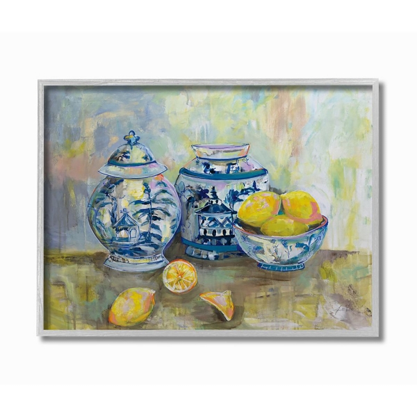 Lemons in Blue Pottery Wooden Art