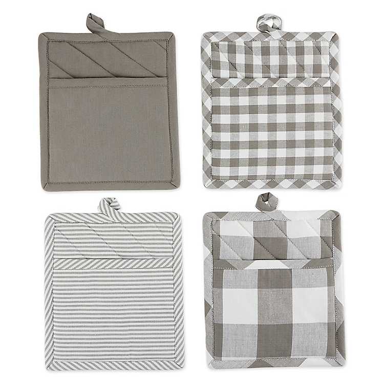 Set of 4 Gray Checked Pot Holders 