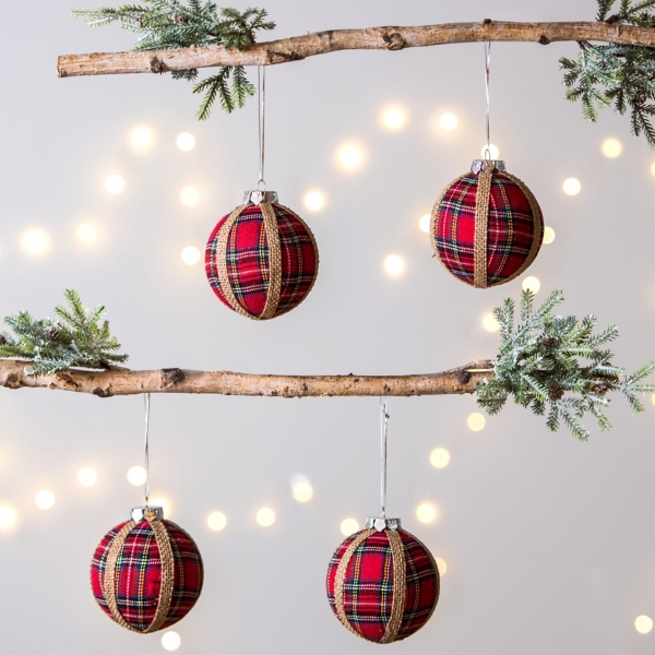 Red Plaid Burlap Ball Ornaments, Set of 4