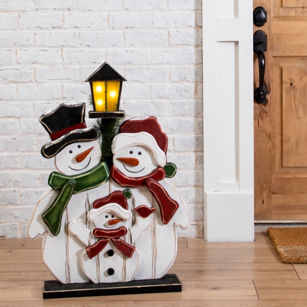 Wooden LED Light Post Snowman Family | Kirklands Home