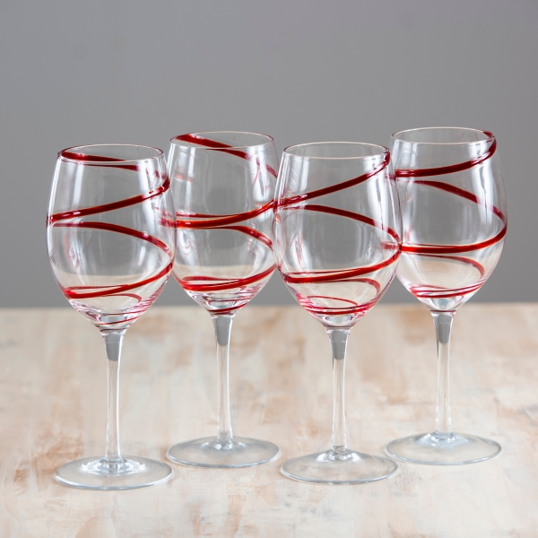 Pier 1 Red Stripe Criss-Cross Red Stem Wine Glasses - Set of 4 - MINT