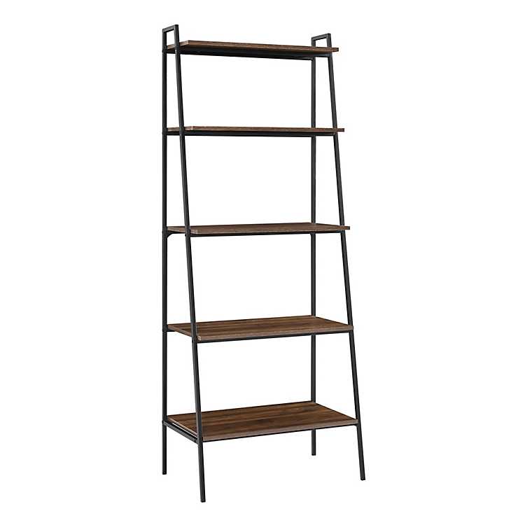 Dark Walnut Industrial Ladder Shelf, Black Steel Ladder Bookcase